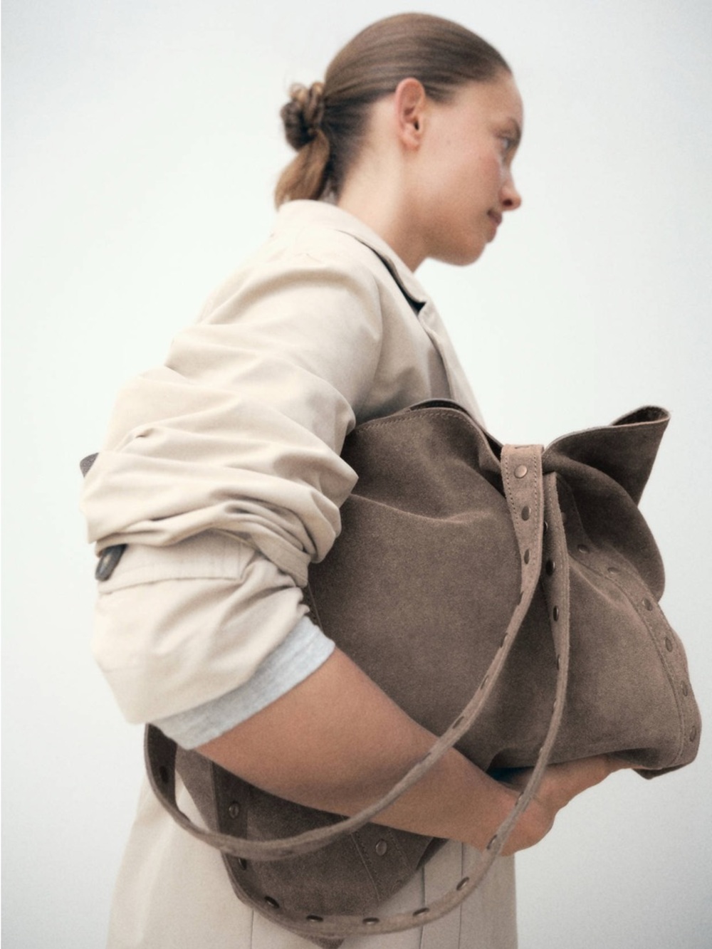 Mango Suede Studded Tote in Taupe Brown - Picture 5 of 7